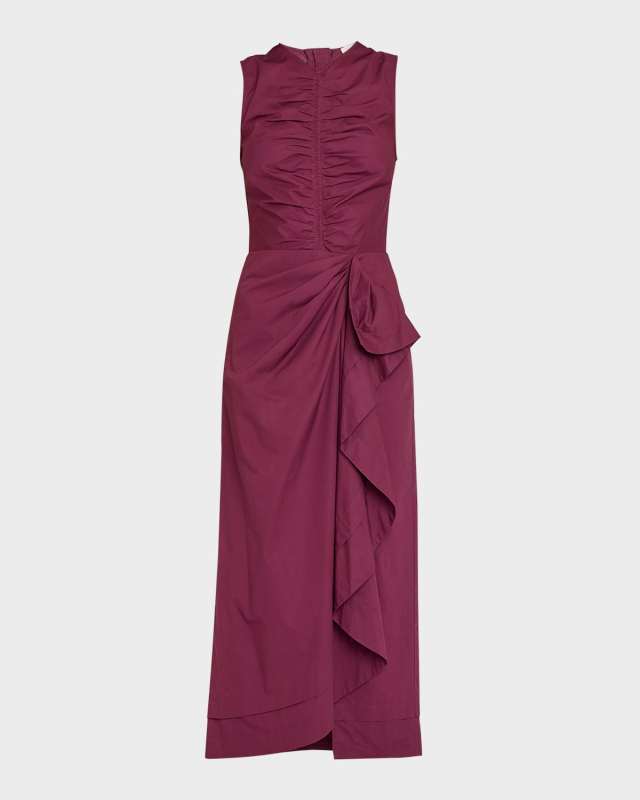 Edlyn Draped Ruffle Sleeveless Midi Poplin Dress